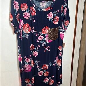 Floral Navy Top with Sequin Pocket